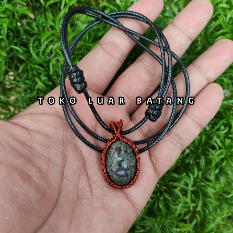 Kalung etnik liontin batu akik wire wrapping badar perak Grade A 100% natural (N)