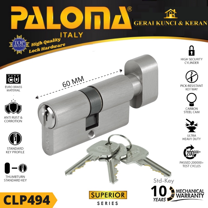 Knob Cylinder PALOMA CLP 494 SUPERIOR KC-SK 60mm SN Standard Key garansi 10 tahun