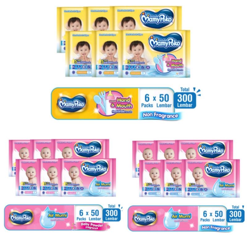 MAMYPOKO WIPES tisu basah dgn air murni 6 packs x 50s non fragrance aroma baby powder hand and mouth