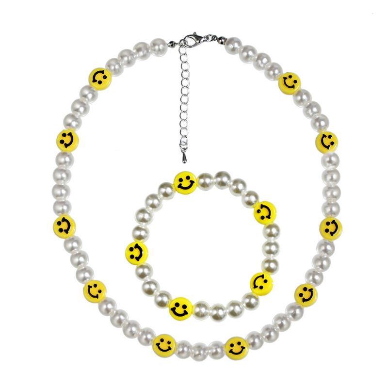 PROMO SET KALUNG GELANG WANITA VARIASI SMILE KUNING CERIA FANCY LUCU IMPORT
