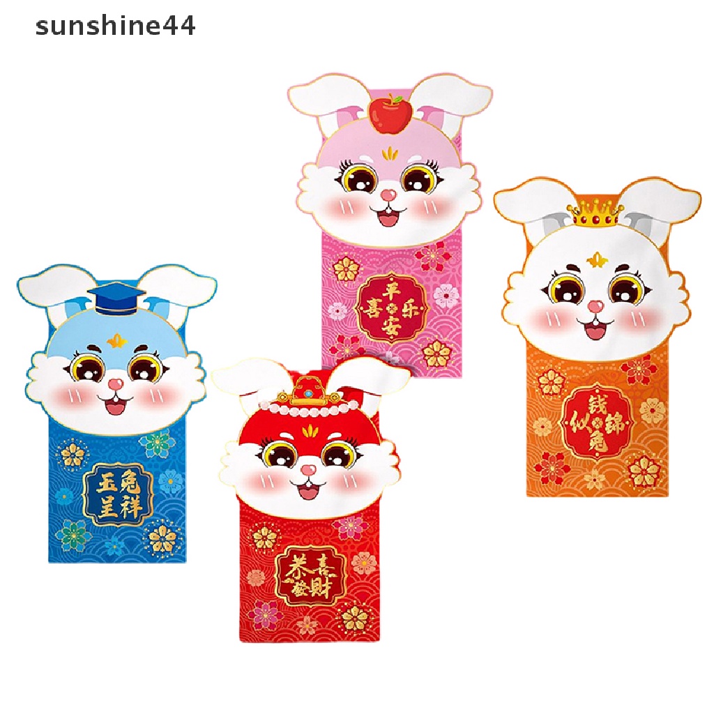 Sunshine 4Pcs 2023tahun Baru Kelinci Amplop Merah Kelinci Lucu Lucky Money Bag Hongbao Angpao Untuk Pernikahan Spring Festival Red Packets Angpow.