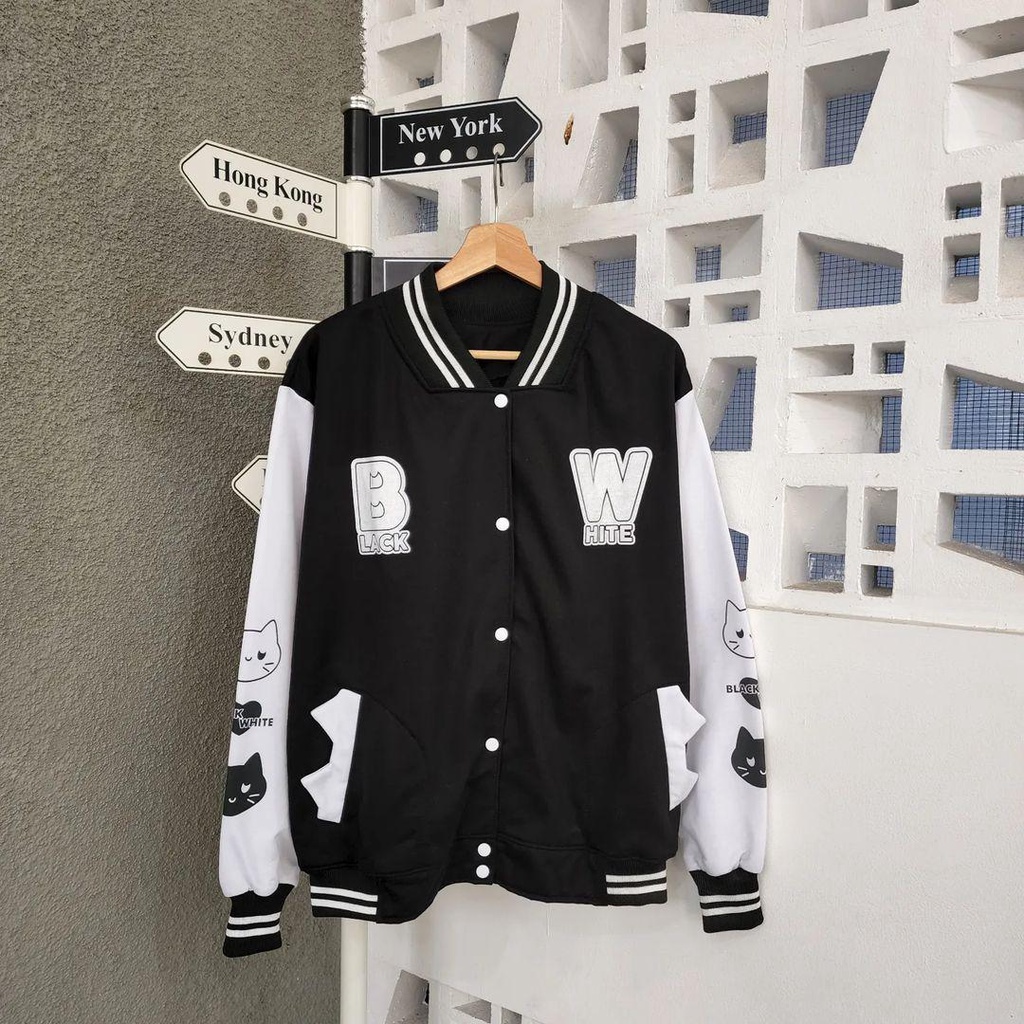 Jaket Varsity Baseball Base Ball CAT BLACK WHITE bisa untuk Wanita/Pria