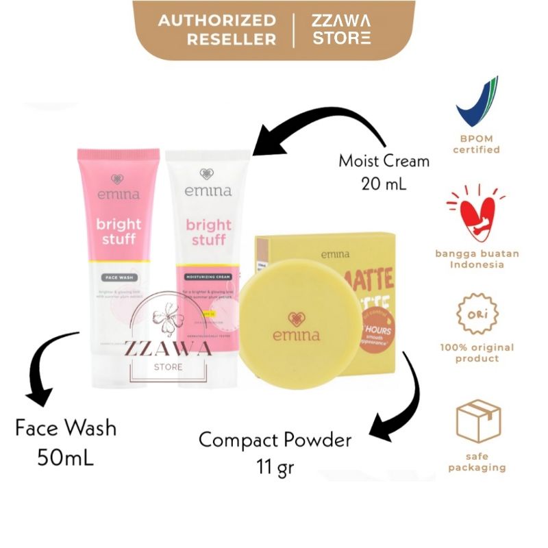 EMINA Paket Ekonomis 3pcs Bright Stuff Face Wash 50mL + Mositurizer Cream 20mL + Daily Matte Compact Powder 11 gr BPOM