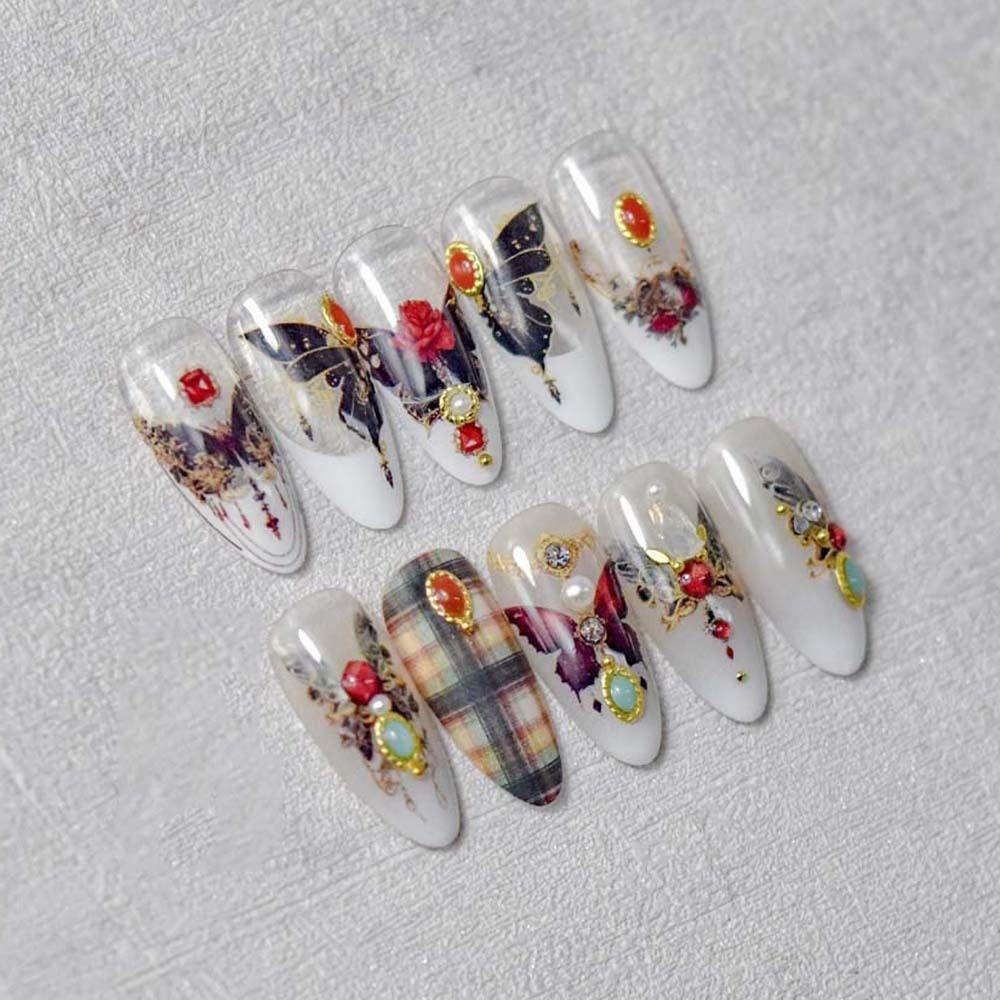 AUGUSTINA Agustina Butterfly Stiker Kuku Retro 3D Relief Kupu-Kupu Merah Self Adhesive Nail Art Dekorasi