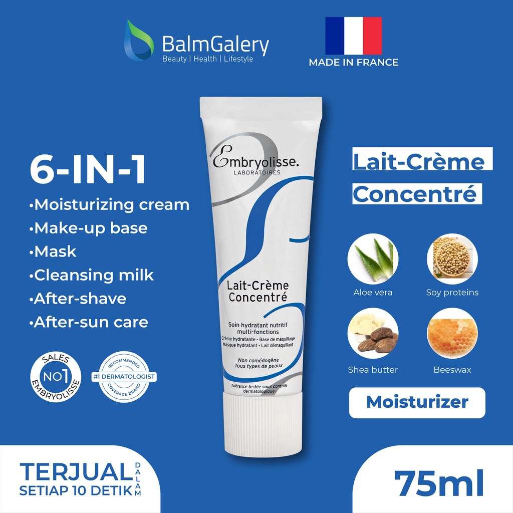 Embryolisse Lait-Creme Concentre 75ml – Miracle Cream 6 IN 1 : Makeup Base Primer + Pelembab Moisturizer Wajah + Makeup Cleanser Remover + Masker + Suncare + Cream After Shave - Rekomendasi MUA dan Artist Hollywood - 1x