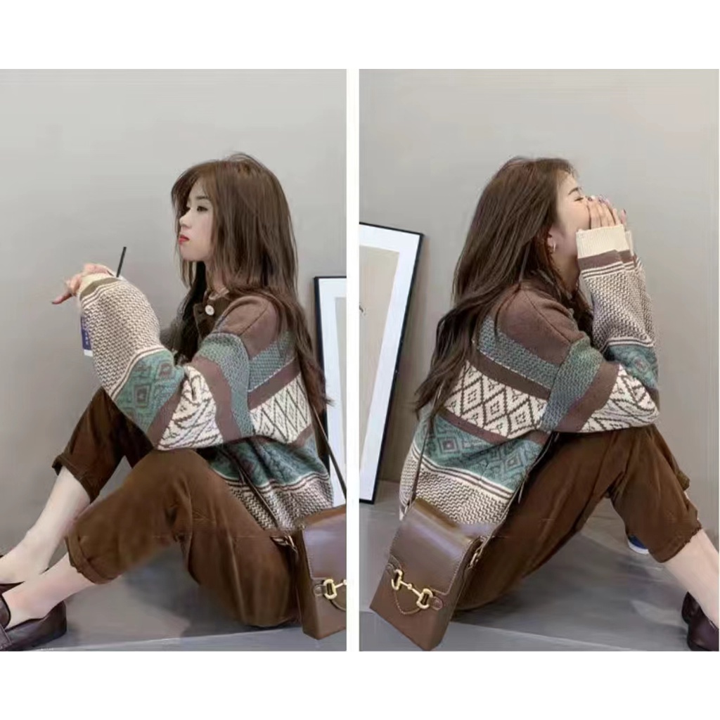 Monica Gaya Korea baru all-match lazy knit short section color matching long-sleeve knit jacket