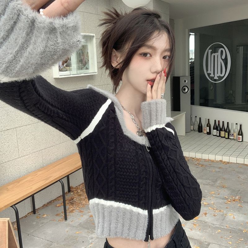 Red Spice Girl Slim Slim Long Sleeve Rajutan Sweter Cardigan Pendek Wanita Design Sense Square Collar Small Korean Chic Top