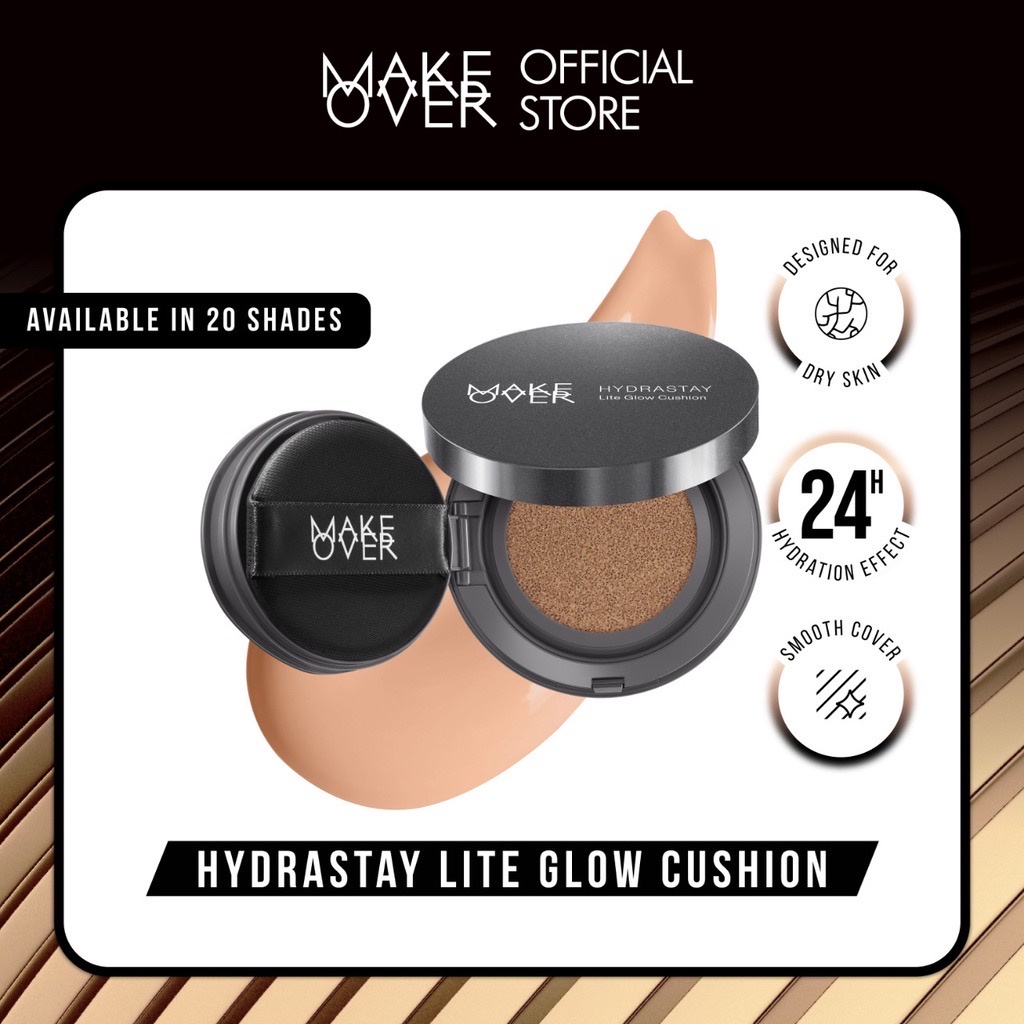 MAKE OVER Hydrastay Lite Glow Cushion Indonesia / Cushion 15g / Design For Dry Skin Hydration Effect 24H Smooth Cover / Cusion Medium High Coverage / Ivory Natural Beige Tan / Makeup Cosmetic Face Make Up Kosmetik Wajah Muka / Makeover Hydra Stay Series