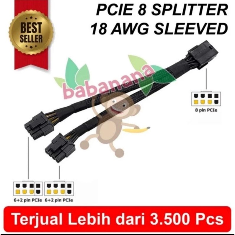 Kabel splitter PCIE 8pin to dual 6+2 pin cabang vga mining gaming gpu