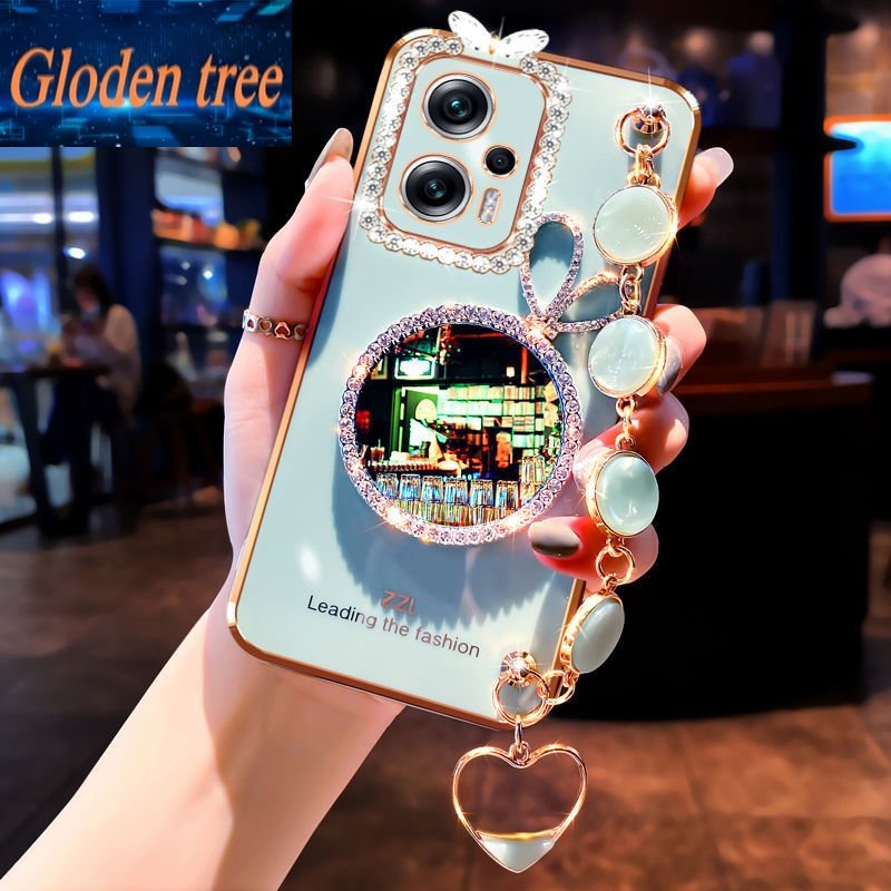 Gloden tree Phone Case Untuk Redmi 11Prime Note12 12Pro 12ProPlus Kelinci vanity mirror Perhiasan Gelang, Bingkai Foto Dengan Berlian