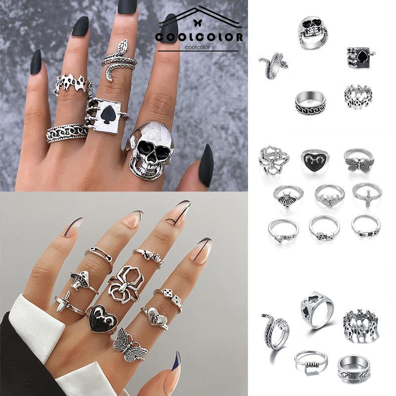 COD❤️9PCS/Set Cincin Desain Tengkorak Ular Kupu-kupu Cinta Hati Perak Cincin Titanium Gaya Retro Vintage Punk Hip Hop Untuk Unisex Ready Stock- cl