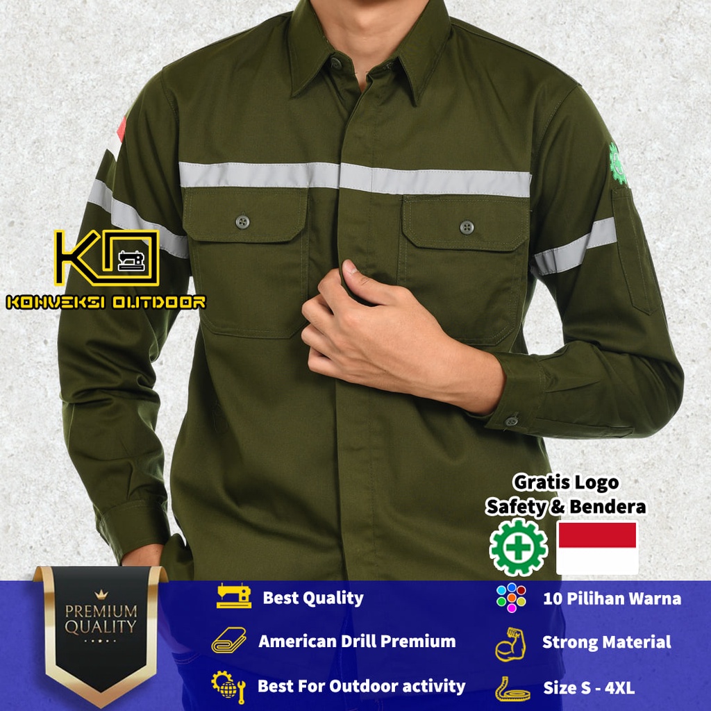 BAJU KEMEJA SAFETY WEARPACK K3 OUTDOOR PREMIUM LENGAN PANJANG - Seragam Proyek Pria Kerja Lapangan Bangunan Tambang Alat Berat PLN Enginer Instalasi Mesin Warepack Werpak Werpack Warepak Warpack Warpak Teknisi scotlet Warna Hijau Army Konveksi Outdoor