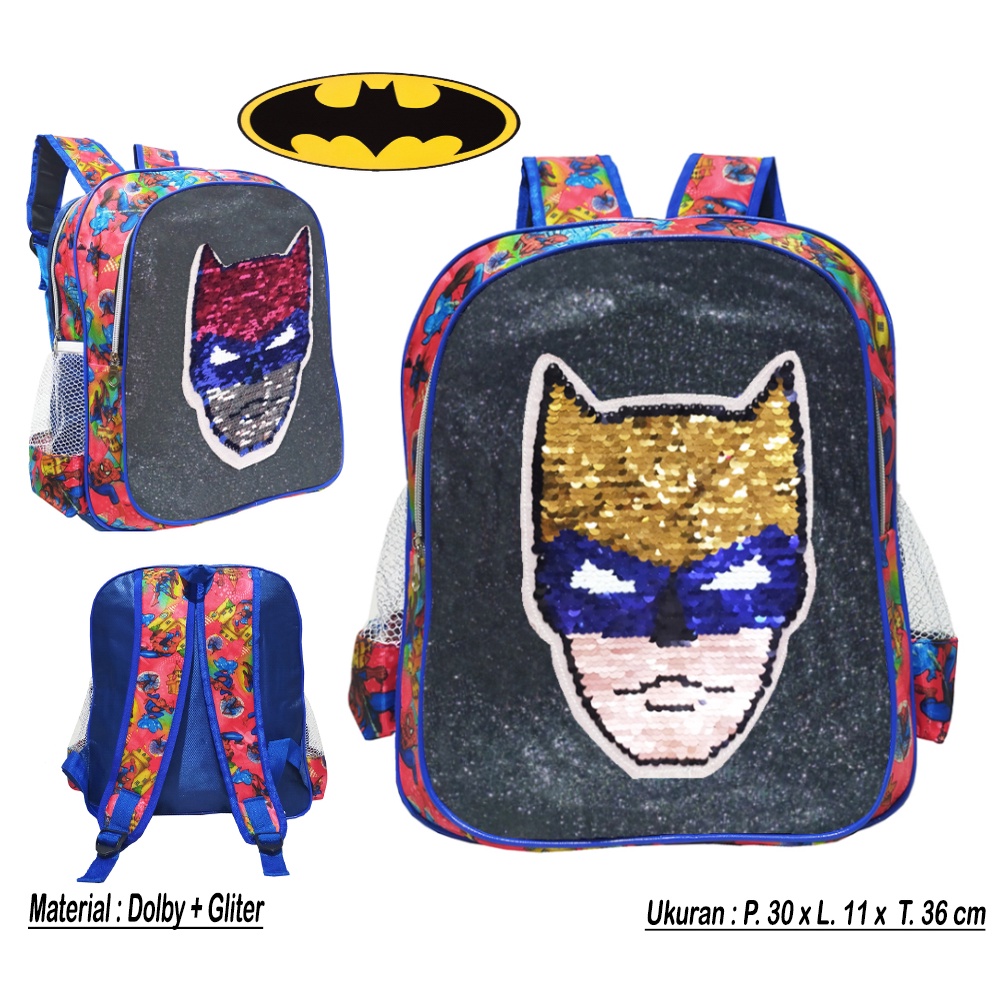 OBRAL Tas Anak Laki Laki SEQUIN / USAP 2 Gambar Karakter BATMAN Ransel Sekolah TK / SD