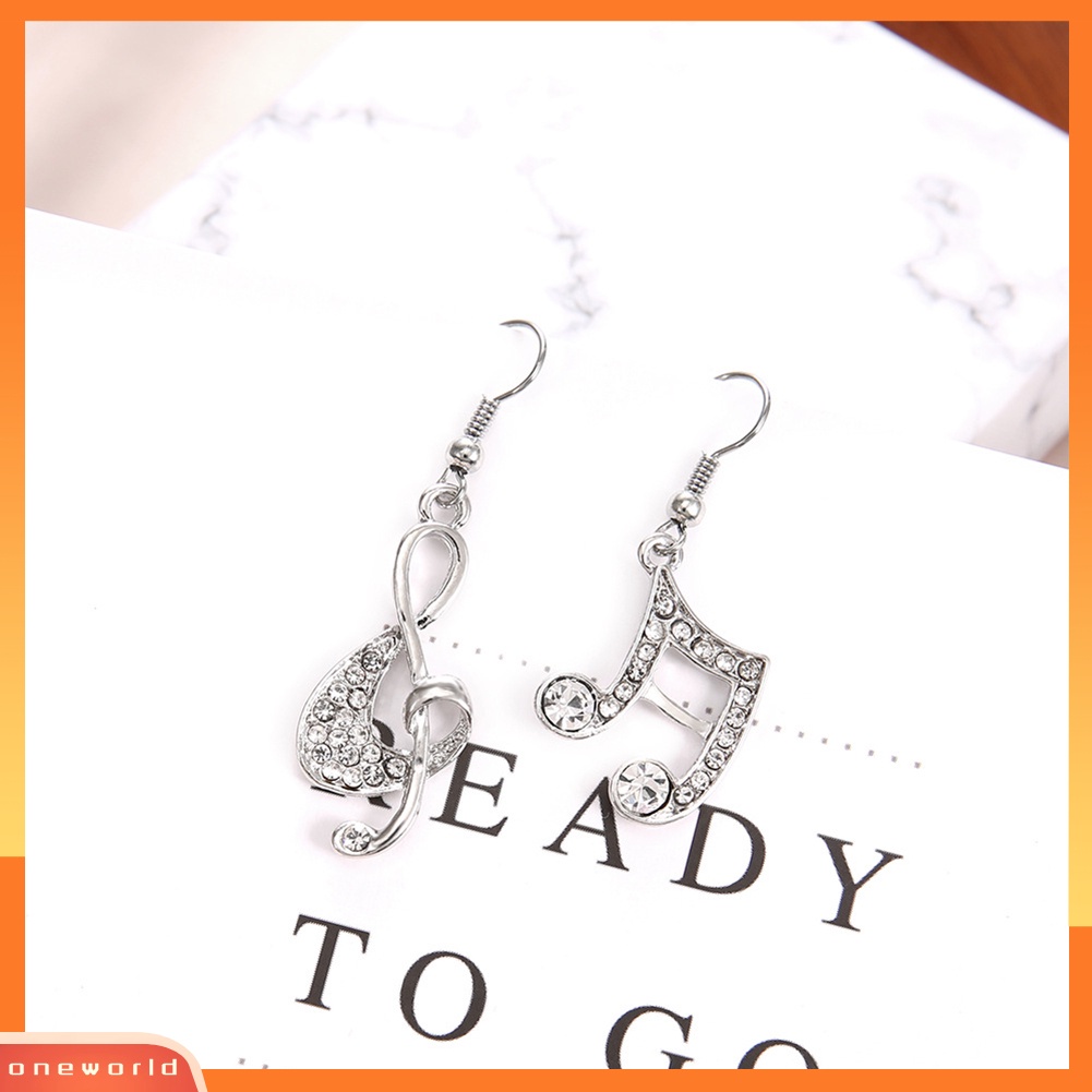 {oneworld} Fashion Wanita Musik Note Treble Clef Berlian Imitasi Menjuntai Kait Anting Perhiasan