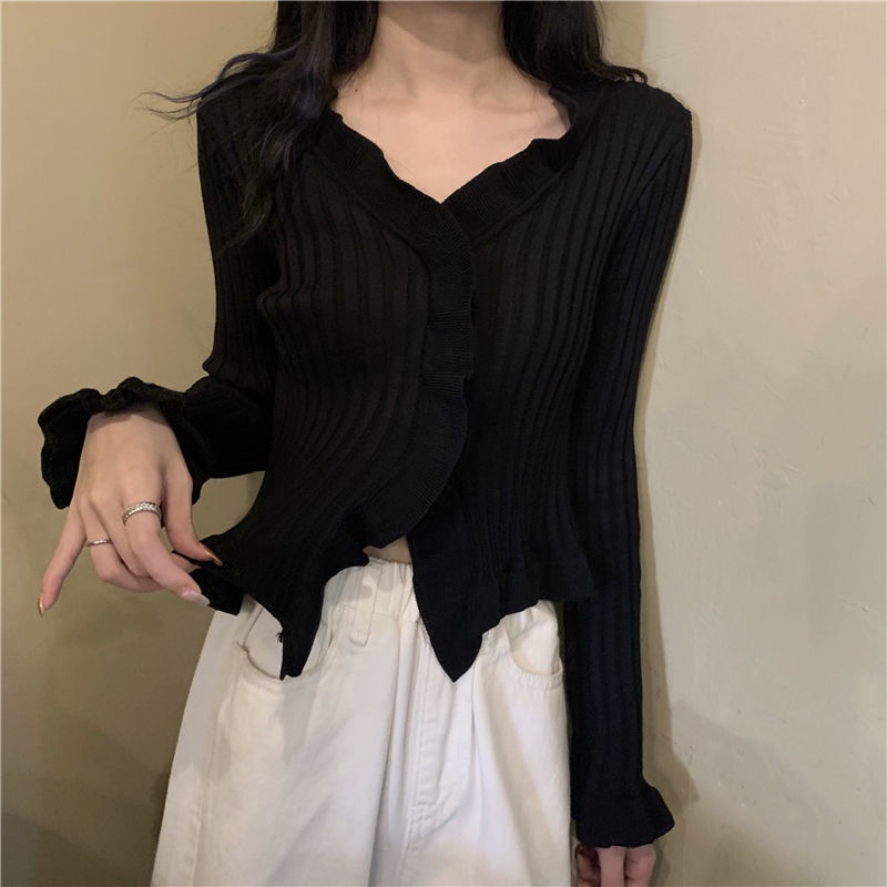 Red V-neck Kayu Telinga Sisi Lengan Panjang Rajutan Sweater Pakaian Wanita Musim Gugur 2022 Versi Korea Baru Slim dan Tipis pendek Cardigan Top