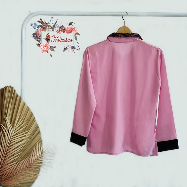Blouse Atasan Wanita Dewasa Pink Kemeja Kerja Wanita Peach Sofie Kkombinasi Renda Kancing Depan Busui Friendly