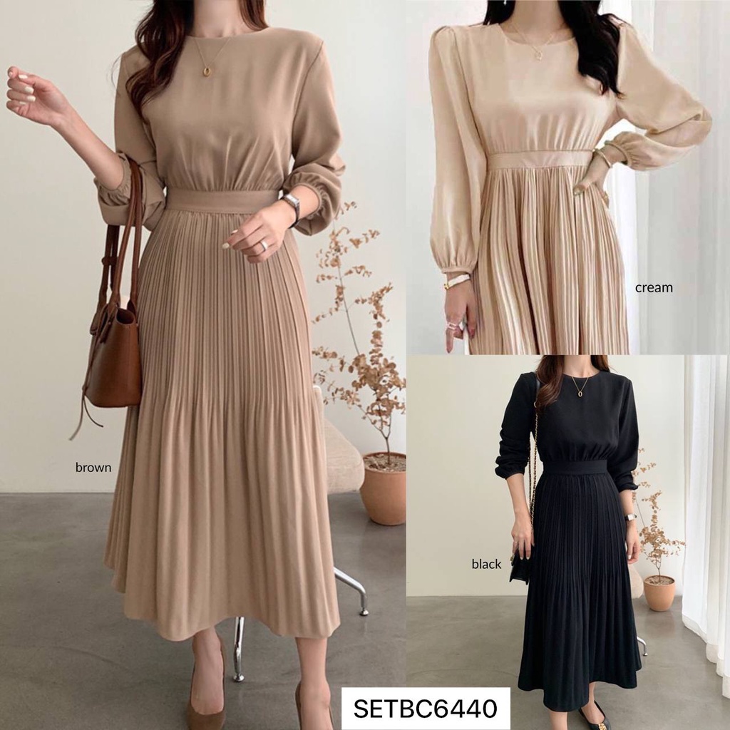 Enjoy Longsleeve Top & Pleats Skirt Set - SETBC6440 - Setelan Atasan Blouse Rok Midi Cewek Import Ba