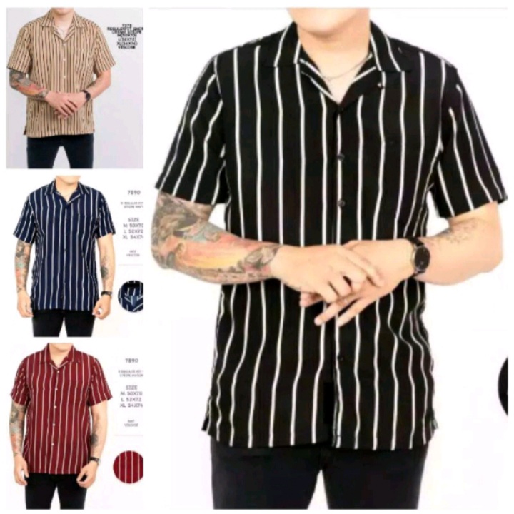 Kemeja stripe pria lengan pendek / Kemeja Salur Lengan Pendek