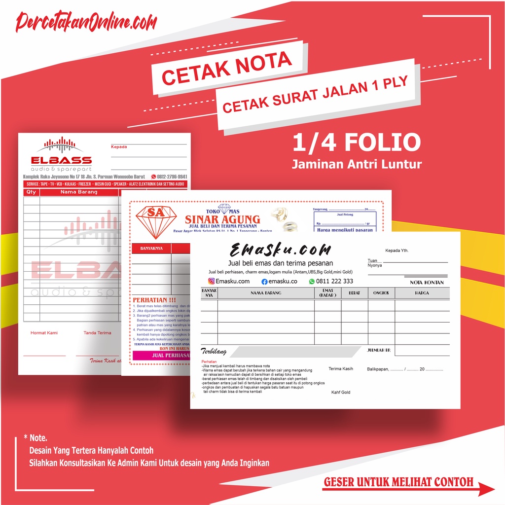 Jual Cetak Nota Surat Jalan Kwitansi Folio Ply Desain Bebas