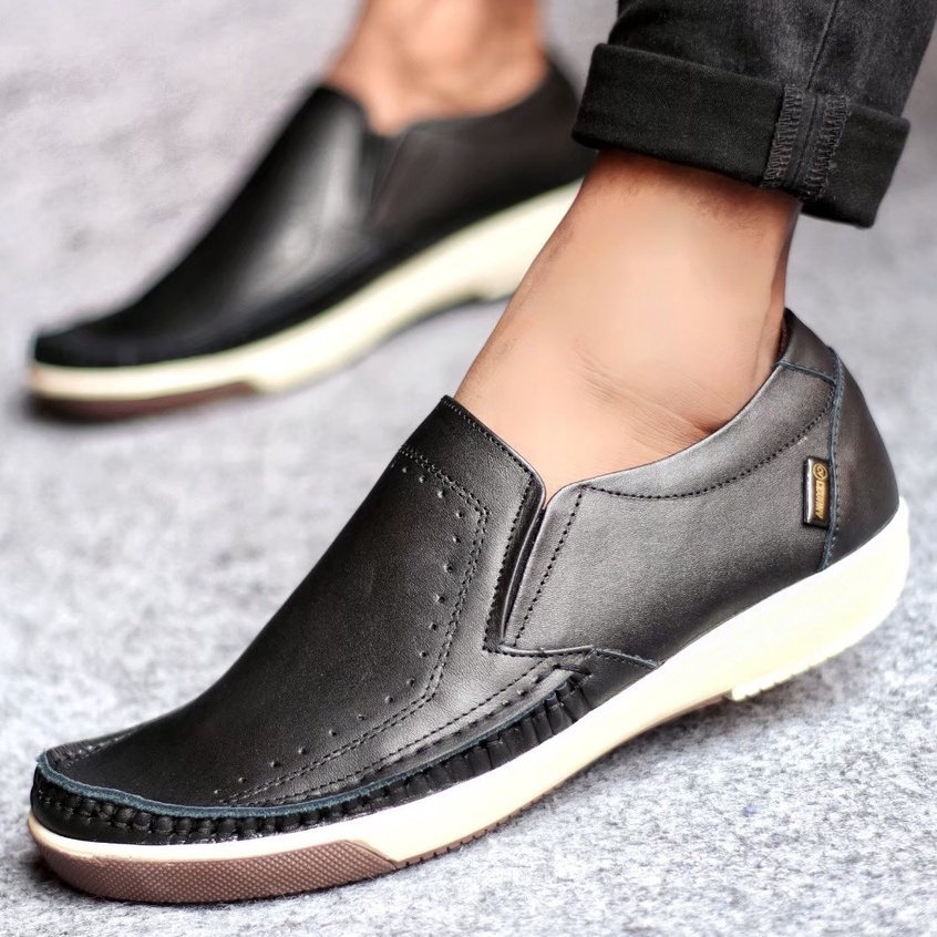 Sepatu Loafer Kasual Kulit Sapi Premium Hitam Pria Slip On Slop Casual Formal Waterproof Cowok Lelaki Remaja Dewasa Enoz Pedro