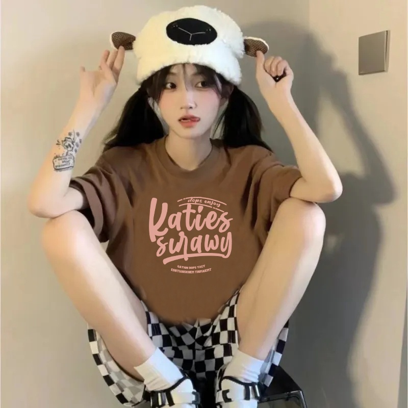 Brown Print T-shirt Kaos Lengan Pendek Pink English Oversize Korean Style