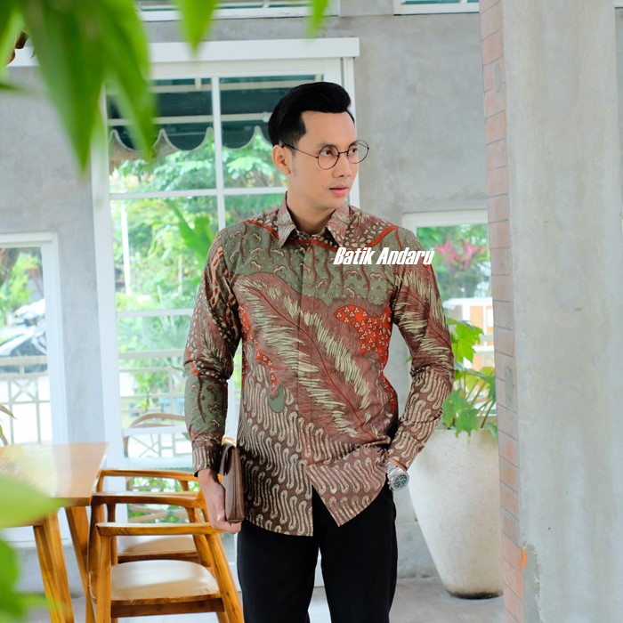 Baju Batik Pria Lengan Panjang Modern Kualitas Premium Warna Hijau Sage Orange