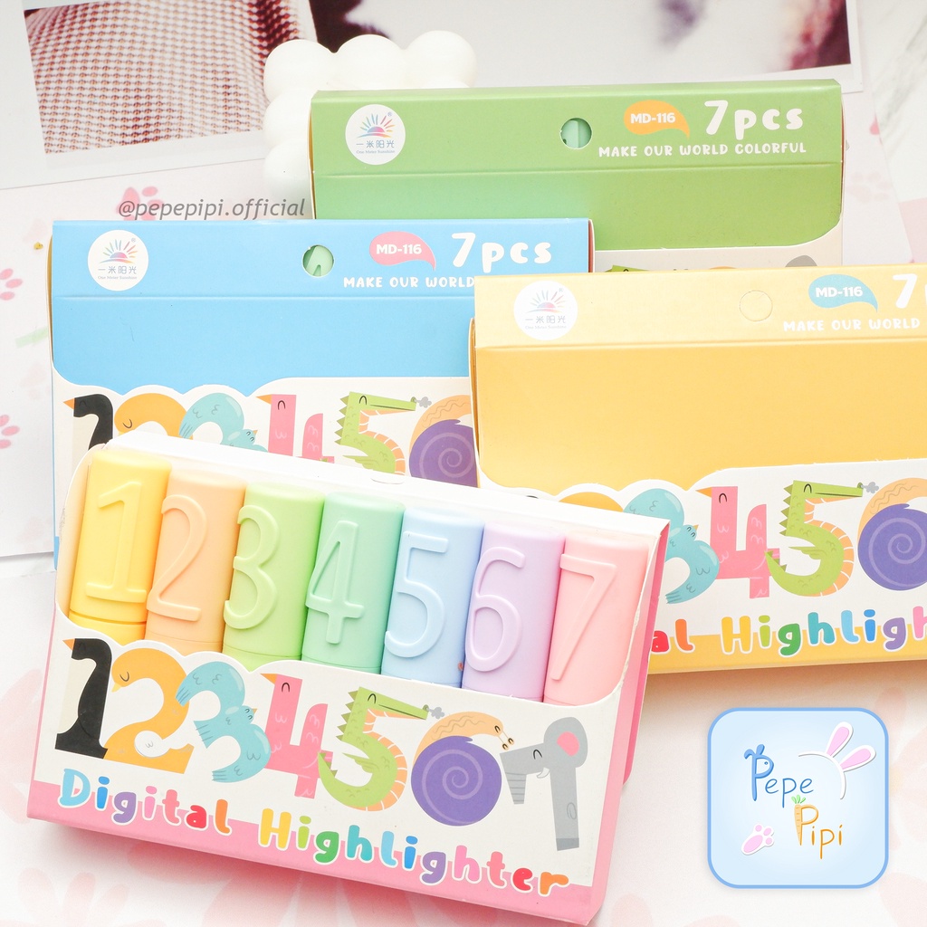 Highlighter One Meter Sunshine MD-116 Angka Set 1-7 Penanda Pastel Marker Textlighter Textliner