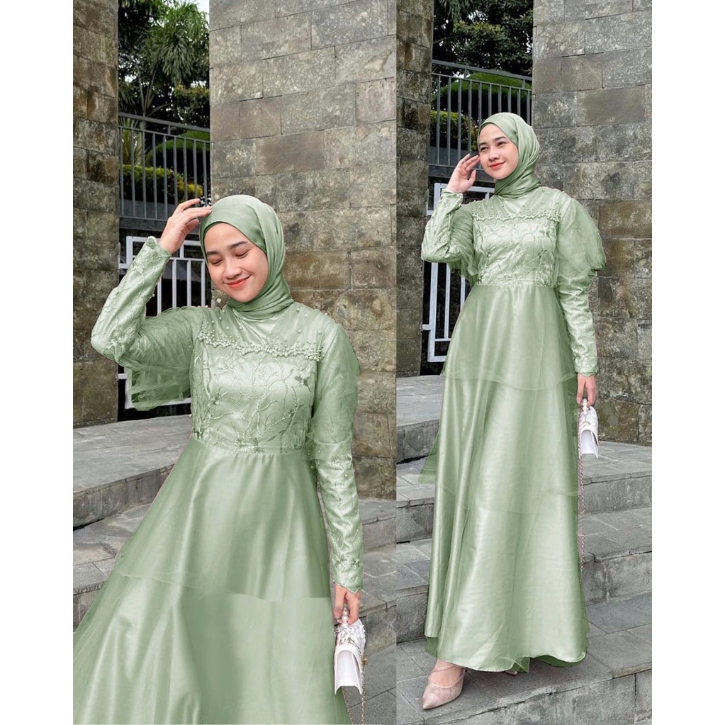 Baju Pesta Gamis Mewah Wanita Muslim Adem Elegan Modis Trand Kondangan Viral Model Terbaru Lebaran 2
