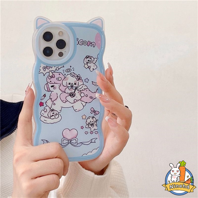 IPHONE Casing Kompatibel Untuk Iphone14 13 12 11 Pro Max X Xr Xs Max8 7 6 6s Plus SE Casing Ponsel Telinga Kucing Unicorn Kartun Lucu Lembut Bergelombang Edge Case Silicon Anti-Shock Bumper Cover Pelindung