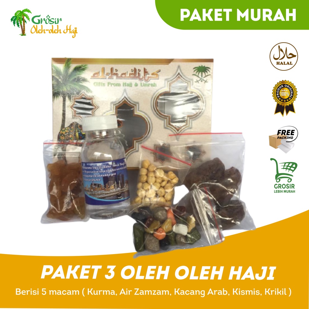 Paket 3 oleh oleh haji dan umroh air zamzam ori + kacang arab + coklat kerikil