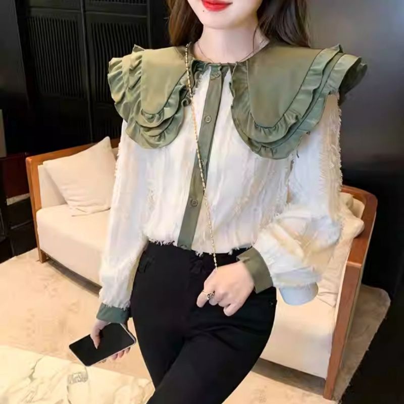 8700 Atasan baju blus blouse kemeja lengan panjang kerah unik cantik mewah elegan simpel kerja kanto