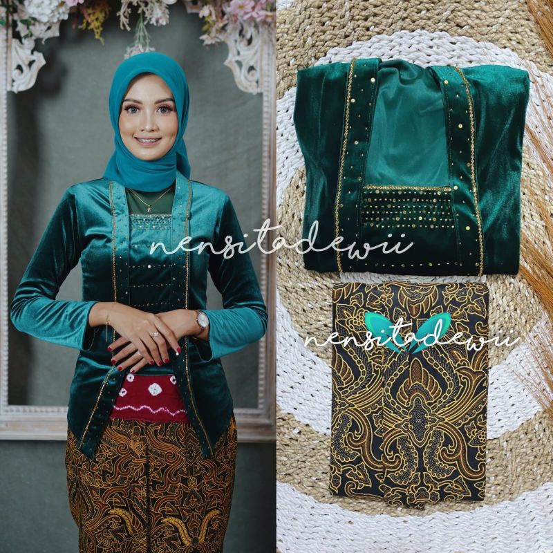 [1 Set, DH03A] Kebaya Payet + Jarik Instan / Nuansa Hijau Botol