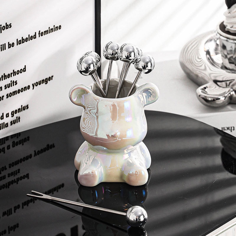 Mi.more Fruit Dessert Fork Keramik Holder Set (1Pc Holder+6Pcs Fork)/ Garpu Buah Stainless Steel