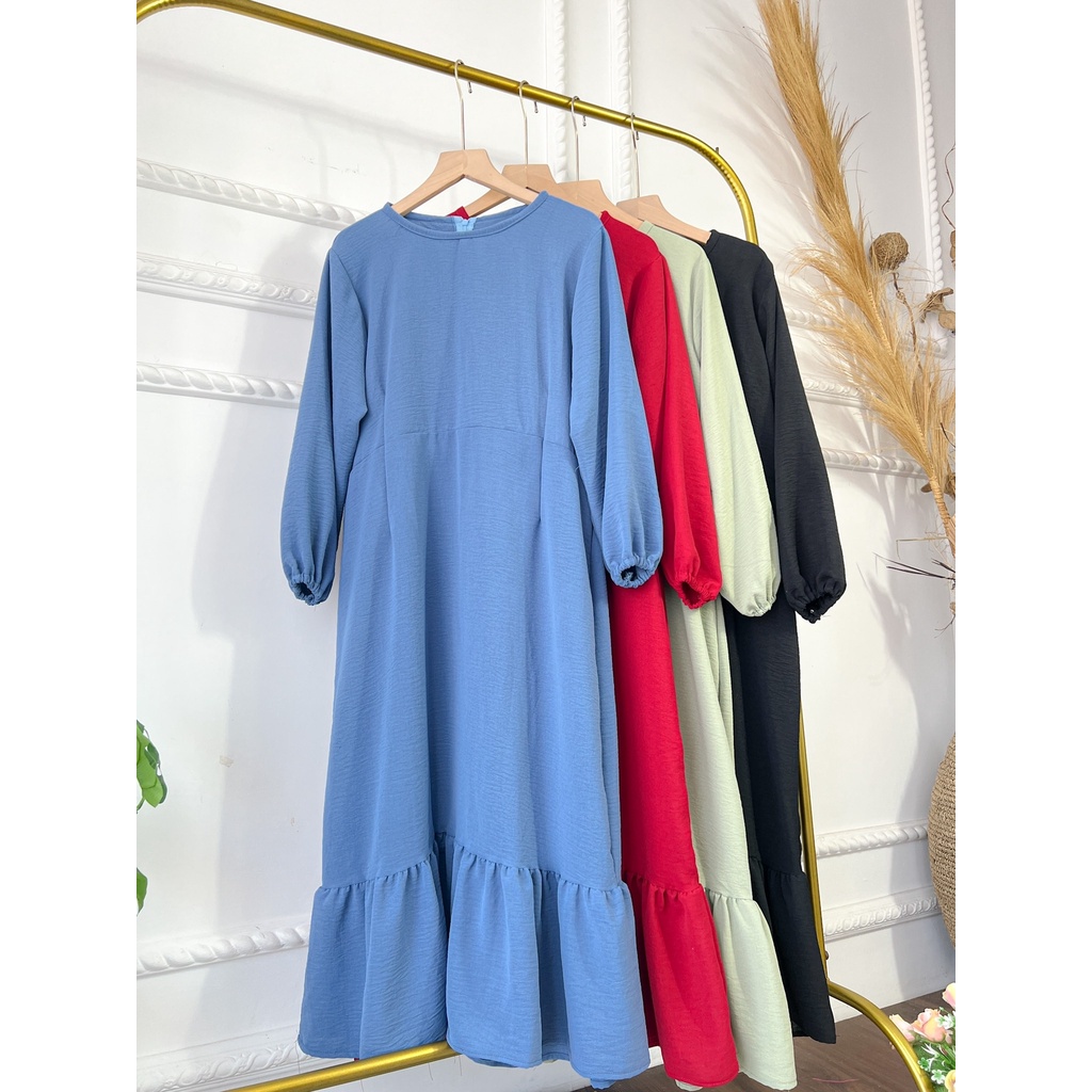 Siskania Midi Dress Kekinian Rempel Bawah Crinkle Ariflow Gamis Wanita Long Tunik Terbaru Korean Style