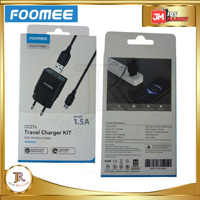 Travel Charger Set Foomee CC27s Micro USB 5V1.5A