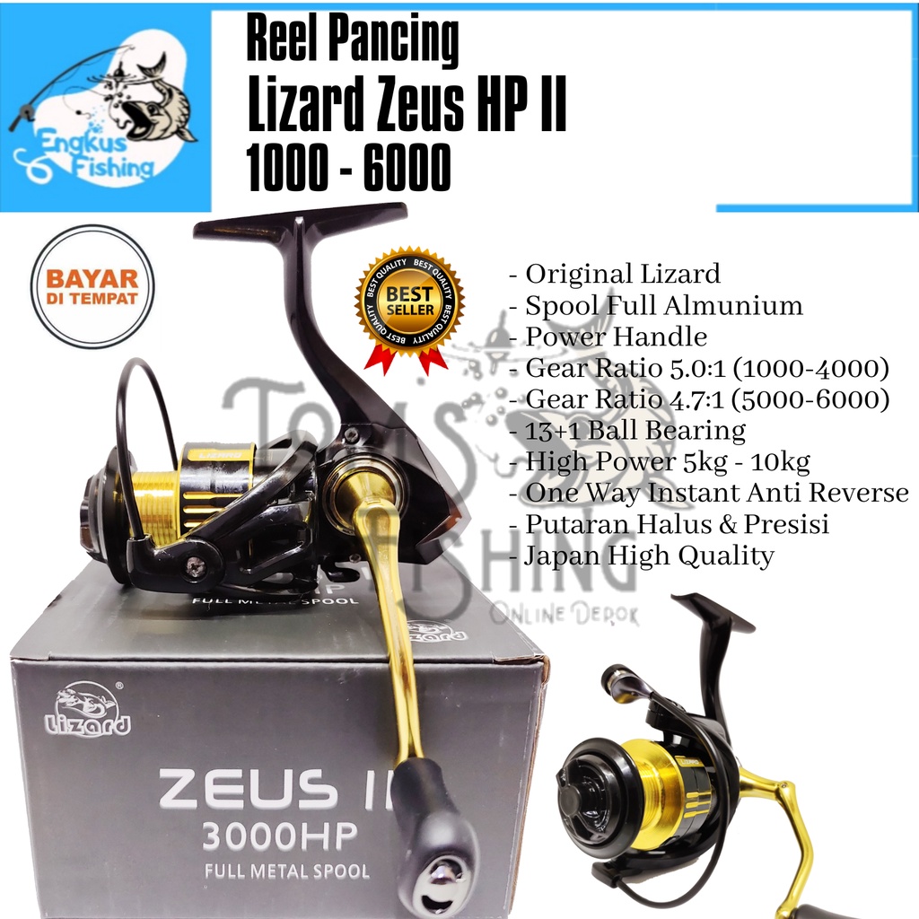 Reel Pancing Lizard Zeus HP 2 II 1000 - 6000 (13+1 Bearing) Power Handle Terbaru  Murah - Engkus Fishing