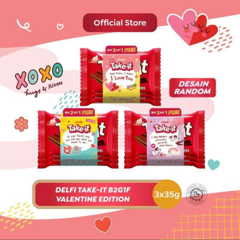 

Delfi Take it 3x35gr Coklat Wafer Cokelat 3 x 35gr Edisi Valentine Edition ukuran Besar 27gr 50gr 140gr Valentine Gift Box buket Hampers Hadiah kado wisuda ulang tahun graduation anniversary happy birthday party parsel hantaran pesta buket bunga boneka