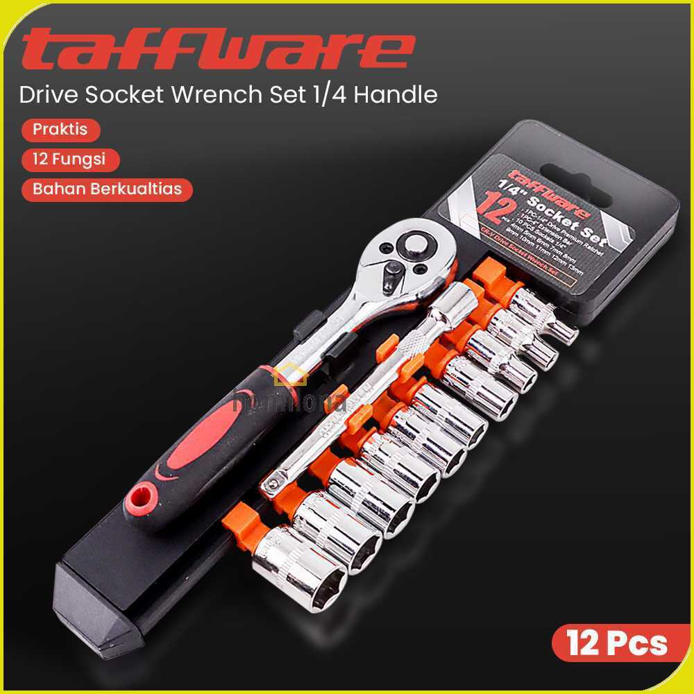 Taffware Kunci Pas CR-V Drive Socket Wrench Set 1/4 Handle 12 PCS