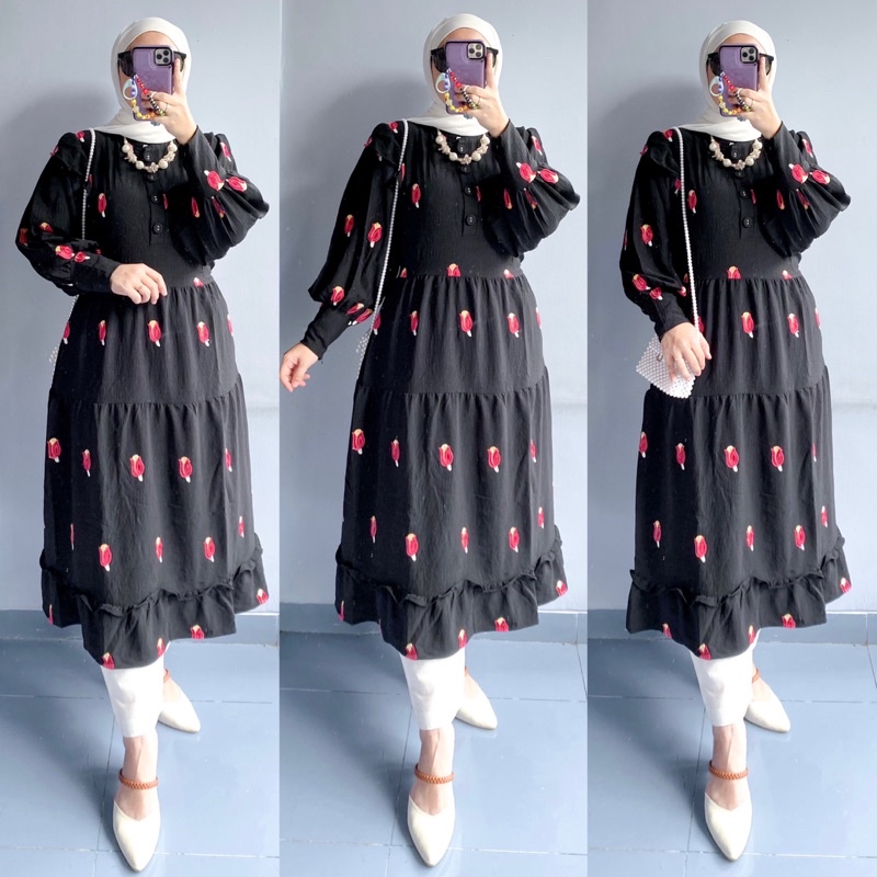 (SALE AMBYAR) Midi dress long tunik lesti lesty crinkle bordir tulip busui friendly by meijiewang me