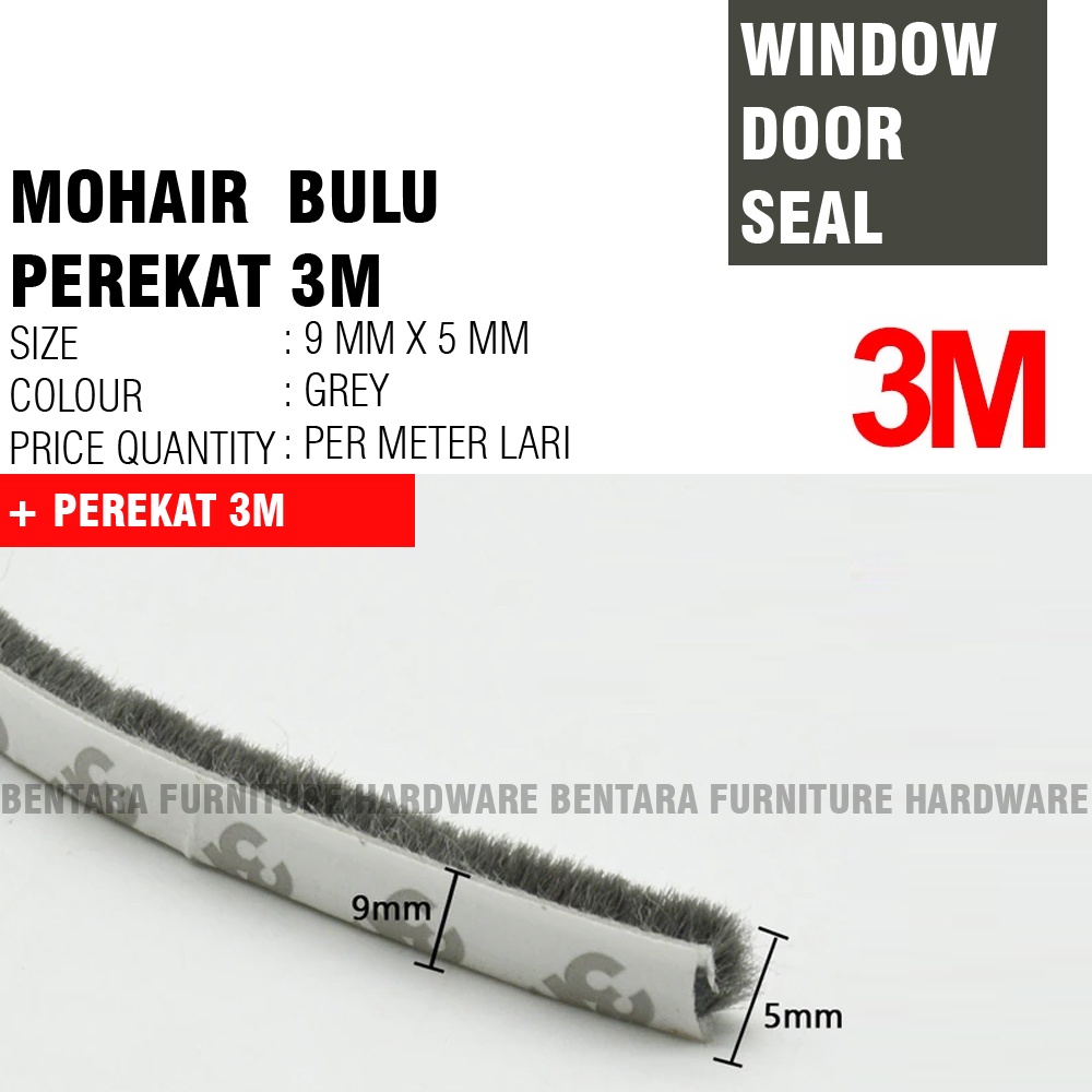 MOHAIR BULU 9X5 ABU DENGAN PEREKAT 3M  Window Door Seal Strip Abu Grey (INCLUDE PEREKAT DOUBLE TAPE) Moher Mohair Bulu Peredam Pintu Jendela
