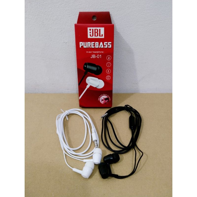Headset JBL JB-01 PURE BASS Earphone JB01 Hitam &amp; Putih With Mic