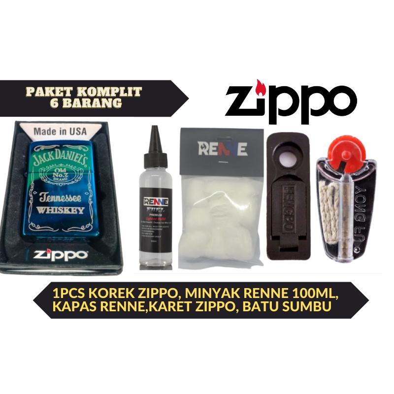 Paket lengkap korek zippo blue ice jack daniel plus minyak kapas batu sumbu karet tutup zippo