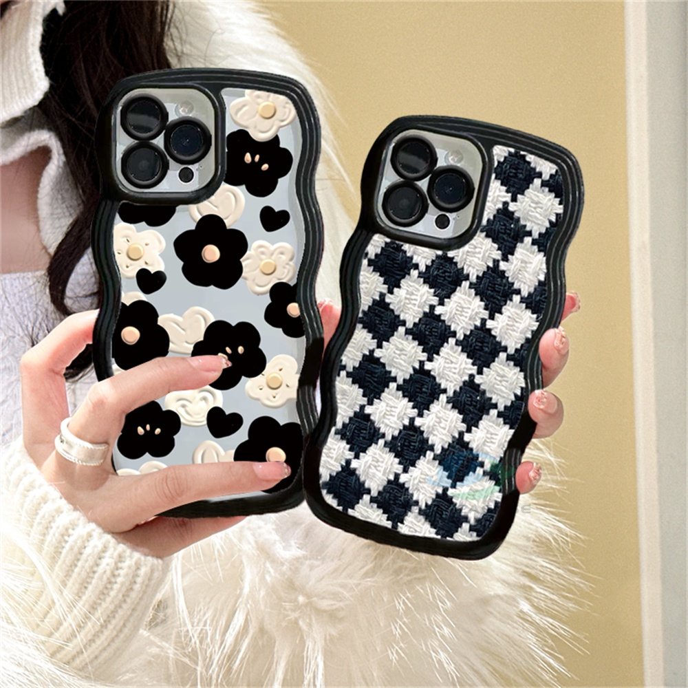 Realme C53 C55 10 C30 C31 C35 C21Y C25Y RealmeC11 2021 C15 C25 C17 C12 C3 C2 Realme 8i 7i 5 5i 6i 7 Pro Hitam Dan Putih Motif Kotak-Kotak Dan Bunga Tepi Melengkung TPU Phone Case Binteacase