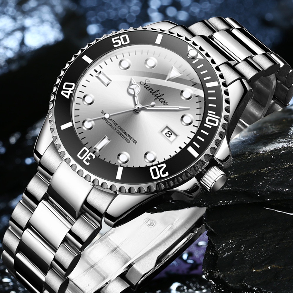 Kualitas Super Sunlifex Jam Tangan Pria 9001-A Anti Air Original Kalender Kuarsa Tali Stainless