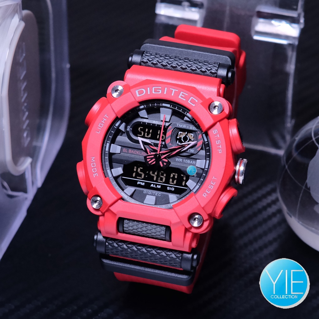 Jam Tangan Pria Digitec Original Anti Air DA 2178 T Merah Hitam Digital Analog Tali Karet