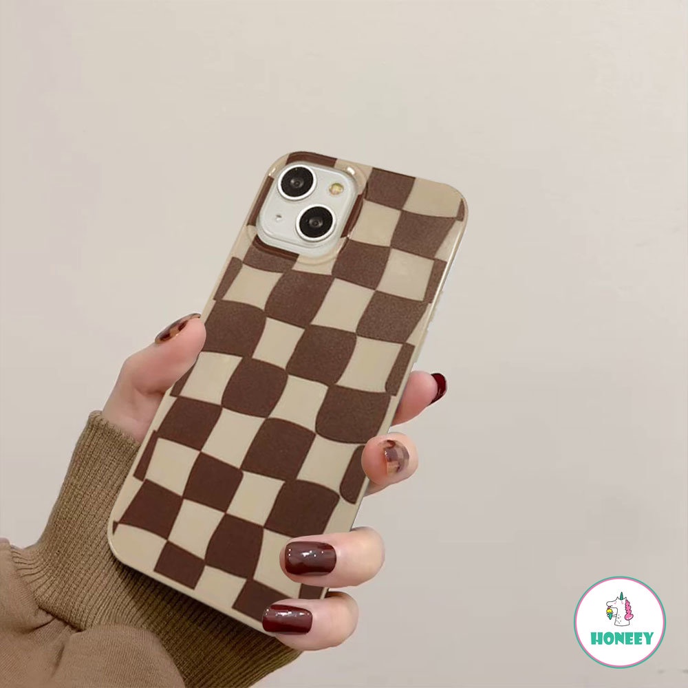 IPHONE Casing Ponsel Matte Grid Coklat Kopi Musim Dingin Kompatibel Untuk Iphone14 13 12 11 Pro Max Halus Tipis Lembut TPU Belakang Cover Handphone