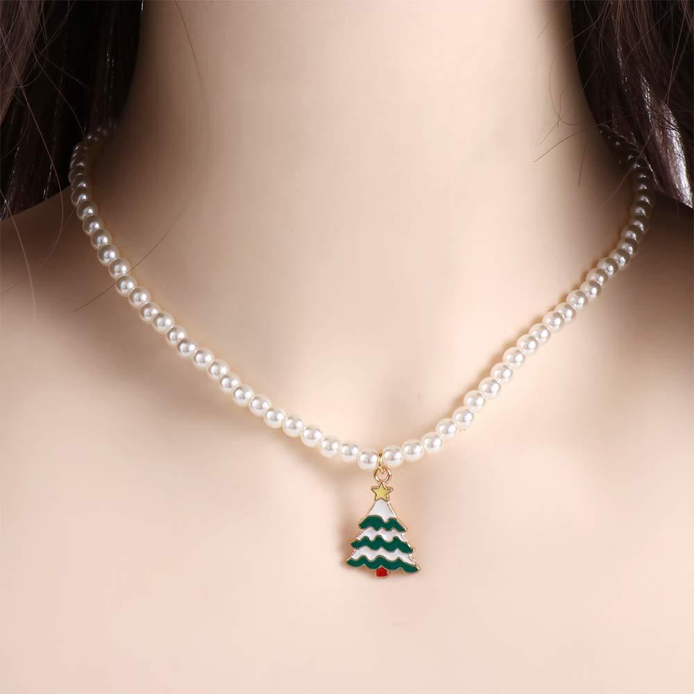 Needway  Kalung Natal All-match Kepribadian Fashion Mutiara Imitasi Pohon Natal Christmas Masa Kini Bell Rantai Ganda Aksesoris Perhiasan Wanita