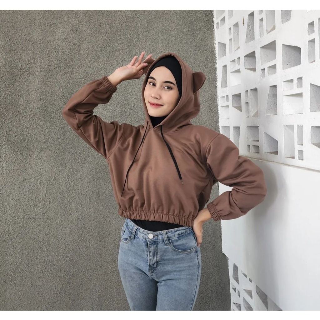 Sweater Wanita EAR CUTE HOODIE CROOPE Kupluk Lucu Outerwear Fashion Terkini Korean OOTD Kasual Simple