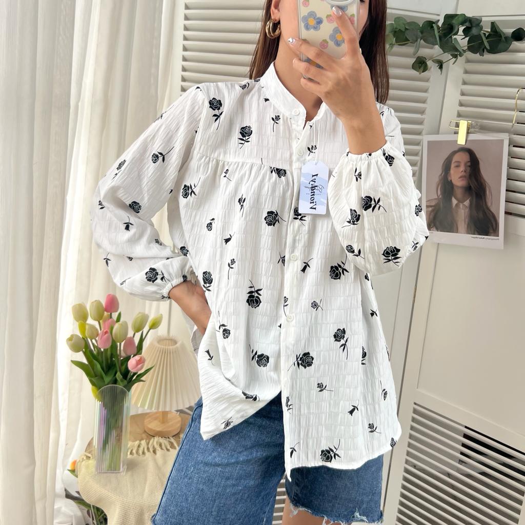 Blouse Rose Cewek Korea Import / Kemeja Blouse Flower Lengan Panjang Bunga Wanita Terlaris E19