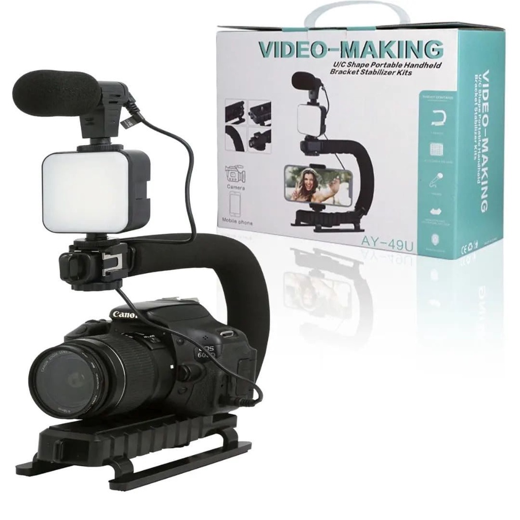Video Making Set / AY-49 Tripod Video Making Kit Bluetooth Mic LAMPU LED Tripod Vlogging A3 Baterai Audio Cable 3.5mm
